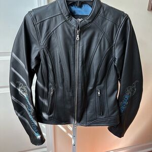 Harley-Davidson Black Leather Jacket with Blue Embroidery